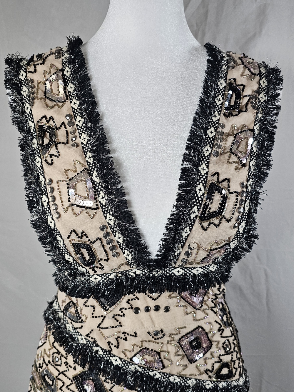 ASOS DESIGN, Beaded V-Neck Dress in Nude and Black - Picture 2 of 12